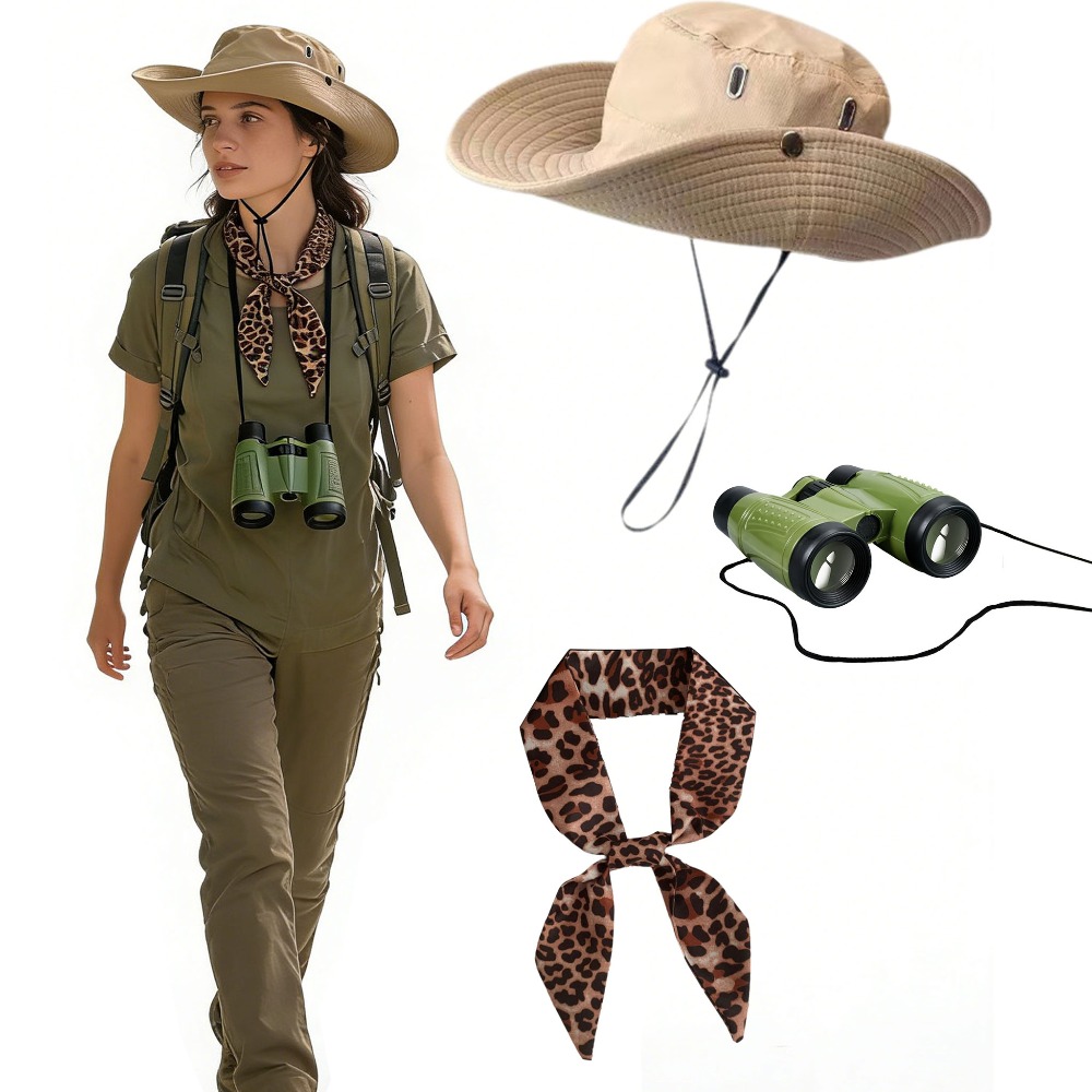 Nezyo Set De Accesorios De Safari Para Mujer – Sombrero Pescador, Pañuelo Leopardo Y Gafas De Sol – Ideal Para Carnaval Y Aventuras Al Aire Libre