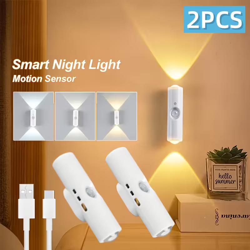 Paquete de 2 Lámparas de pared LED con sensor de movimiento inteligente | Tricolor regulable, recargable por USB, iluminación ascendente, ideal para entradas, dormitorios, salas de estar y más