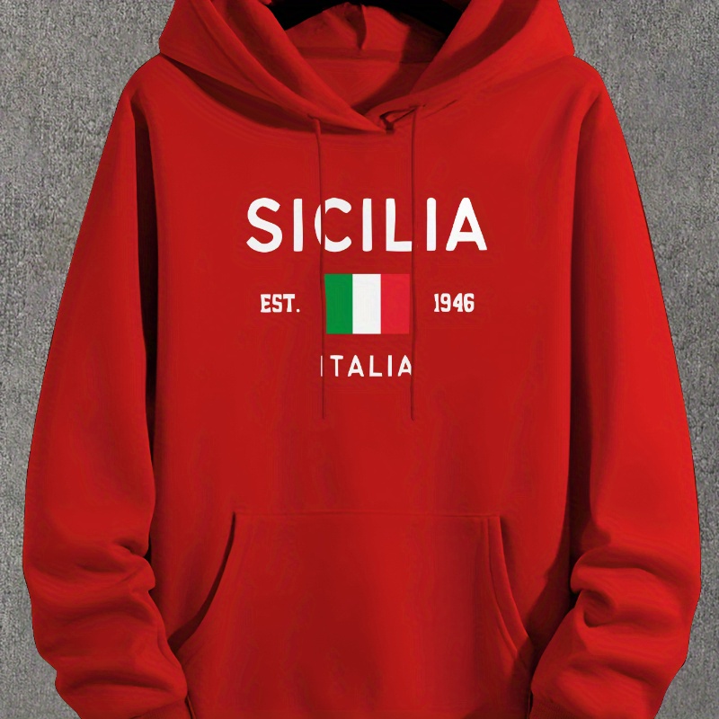 

Sicilia Est. 1946 Italie Imprimé décontracté pour homme, pull en jersey de polyester avec poche , coupe régulière pour /hiver