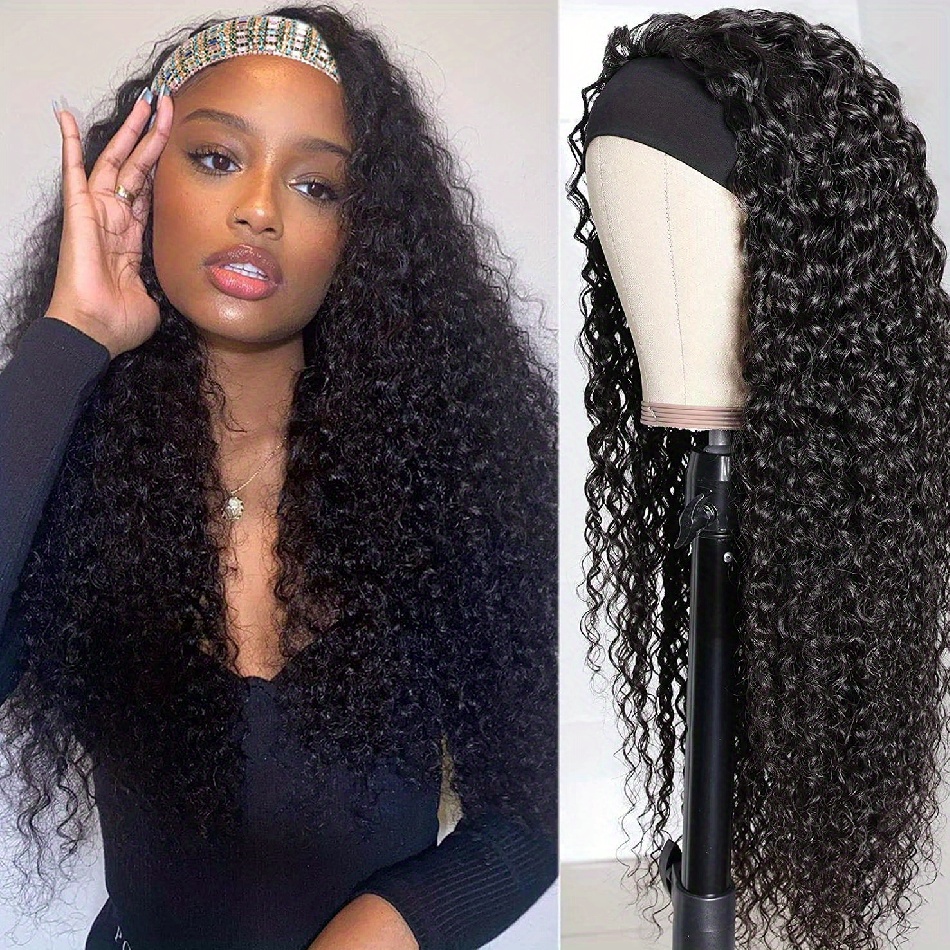 40-Inch Deep Wave Headband Wig Made From Human Hair For Women, Featuring A Glueless Design Without Lace Front. This Curly Wave Wig Is From Brazilian Hair, Allowing For . Wet And Wavy, With An Elastic Band - Beauty & Health