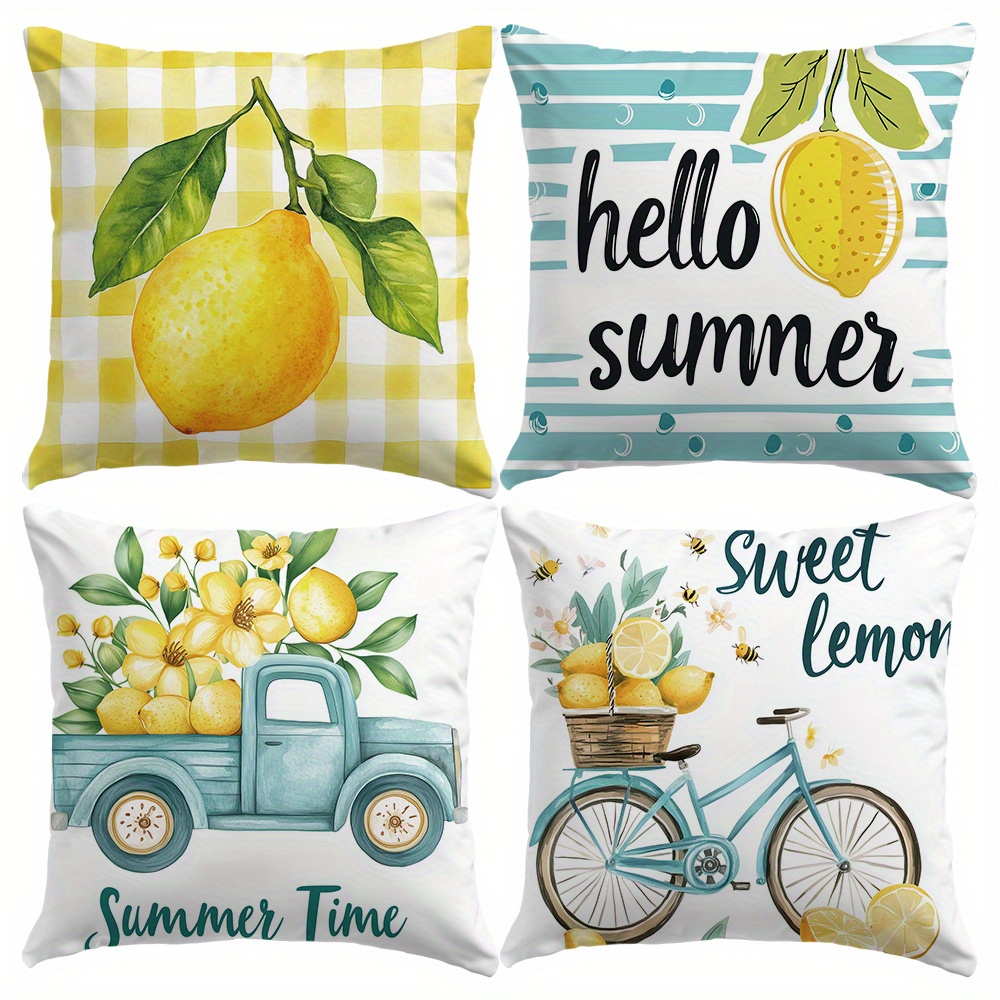 4-pack 18x18 Inch Summer Lemon Print Pillow Covers - Vibrant Lemon-themed Designs, Polyester Zipper Closure Cushion Cases For Sofa Couch, Machine Washable Home Decor (no Insert), Lemon Decorations