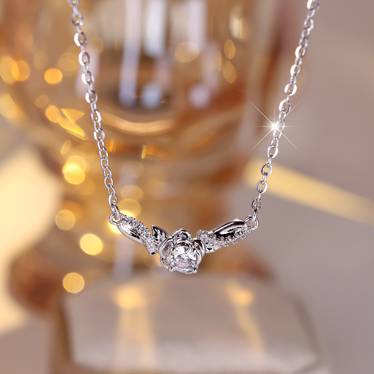 Curved Floral Statement Necklace with Synthetic Zirconia
