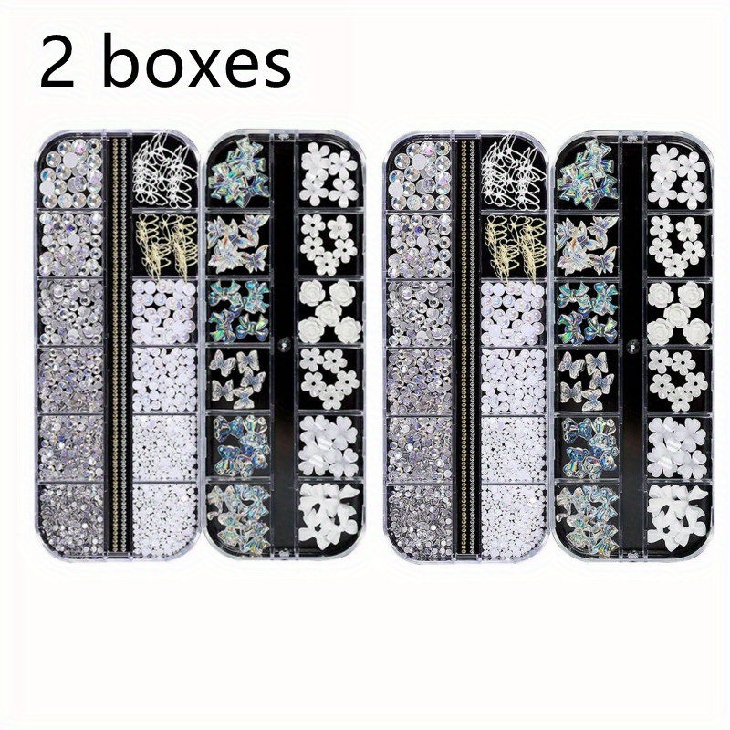 TEMU 2 Boxes Of Nail Art Decorations, Semi- Beads, Diamonds, Metal Hollow Out Color Diamonds, Aurora Flowers, Iridescent, Chain Metal Accessories