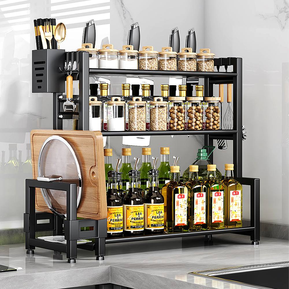 TEMU 57*20*52cm 3 Tier Kitchen Spice Rack, Rust Resistant Metal Countertop Condiment Organiser, Equipped With Knife Holder, Pot Lid Storage Rack&