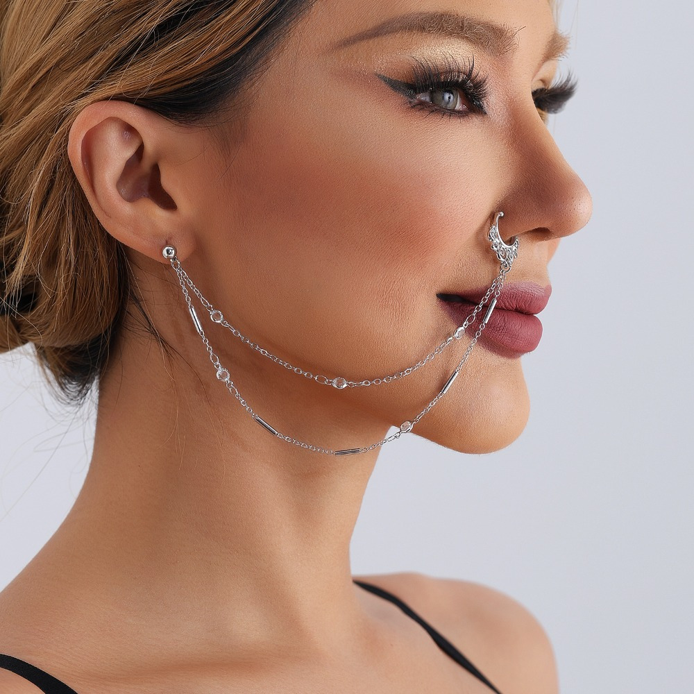 Chain Across Nose Piercing Double Nose Chain Piercing Jewelry -  Black/Silver Stainless Steel Spike Studs For Bridge/Nostril Precious Nose  Rings