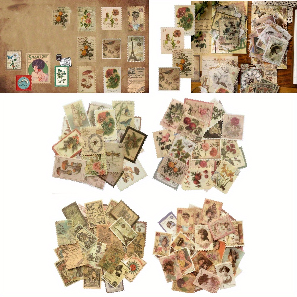 

240pcs Vintage Stamp Sticker Pack For Handwriting Diary Decoration Stickers 4 Styles Diy Stickers Vintage Handwriting Decoration Background Material