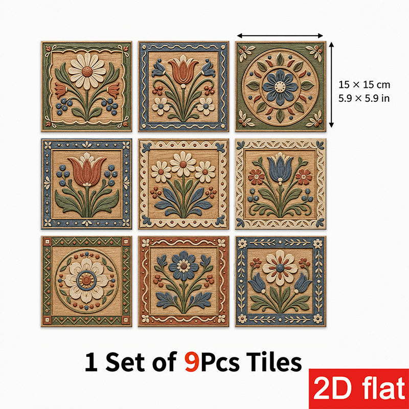 TEMU 2d Flat 9pcs 15x15cm (5.9x5.9in) Slate Tile Stickers Premium: Peel And Stick Wall Tiles With Vintage Floral Pattern In Earthy Tones, Ideal For