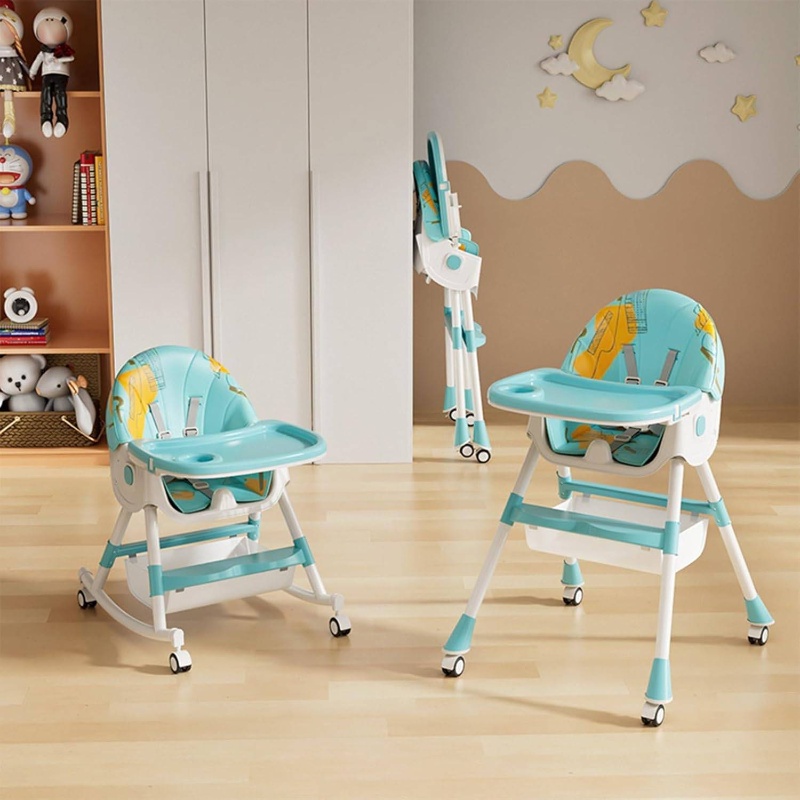 4-in-1 Folding High Chair with Removable Adjustable Height, Reclining Backrest & Safety Harness - Convertible to Stroller, Booster Seat & Play Chair, Lightweight Portable Feeding Chair with Storage Pocket, No Assembly Required, Graffiti Green (Deep