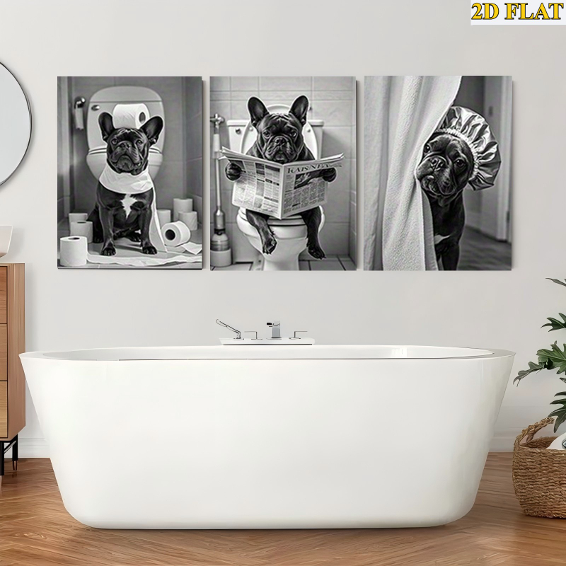 E-shop 2D Flach, 2D Flach, 2D Flach, 2D Flach-Poster und Drucke, 3 Stück, , , Französische Bulldogge, Zeitung lesen, Hunde auf Toilette,