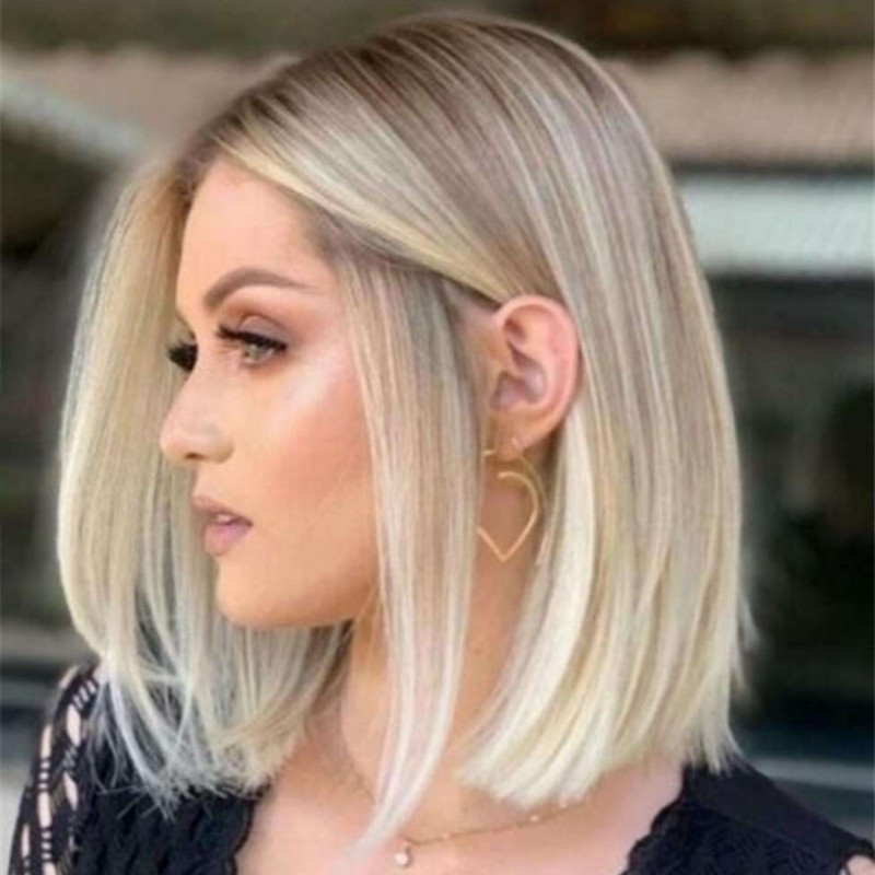 TEMU 1pc Chic 14-inch Ombre Blonde Bob Wig For Women - Soft, Breathable Synthetic Fiber, Shoulder-length Straight Hair With , Ideal For & Events, Short Hair Wig