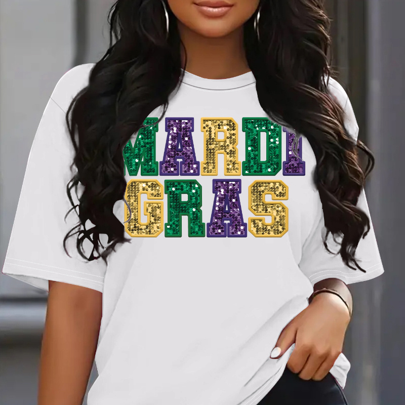 

Plus Size Mardi Gras Sequin Graphic T-shirt, Polyester , Casual Crew Neck, Short Sleeve Tee With Geometric Pattern, Medium Stretch Knit Fabric For All