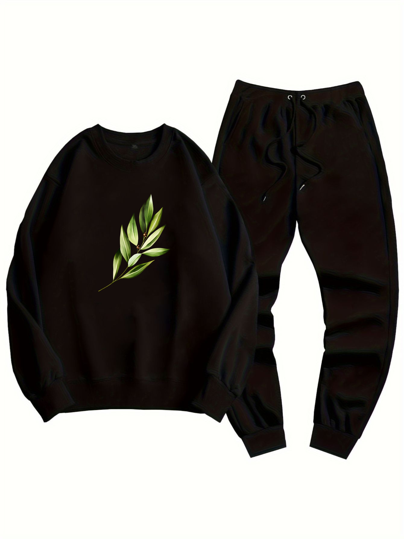 plus size men green leaf print   printed pattern   versatile comfortable set