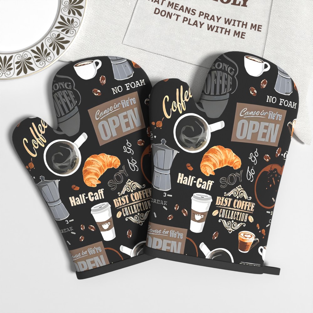 Image of 2pcs 10.6*6.7in Coffee Pattern Oven Mitts Heat Resistant Non Slip Elegant Classic Tones Top Quality Baking Present For Daily Kitchen Oven Air Fryer Microwave Kitchen Decor Cooking Baking Camping Qi