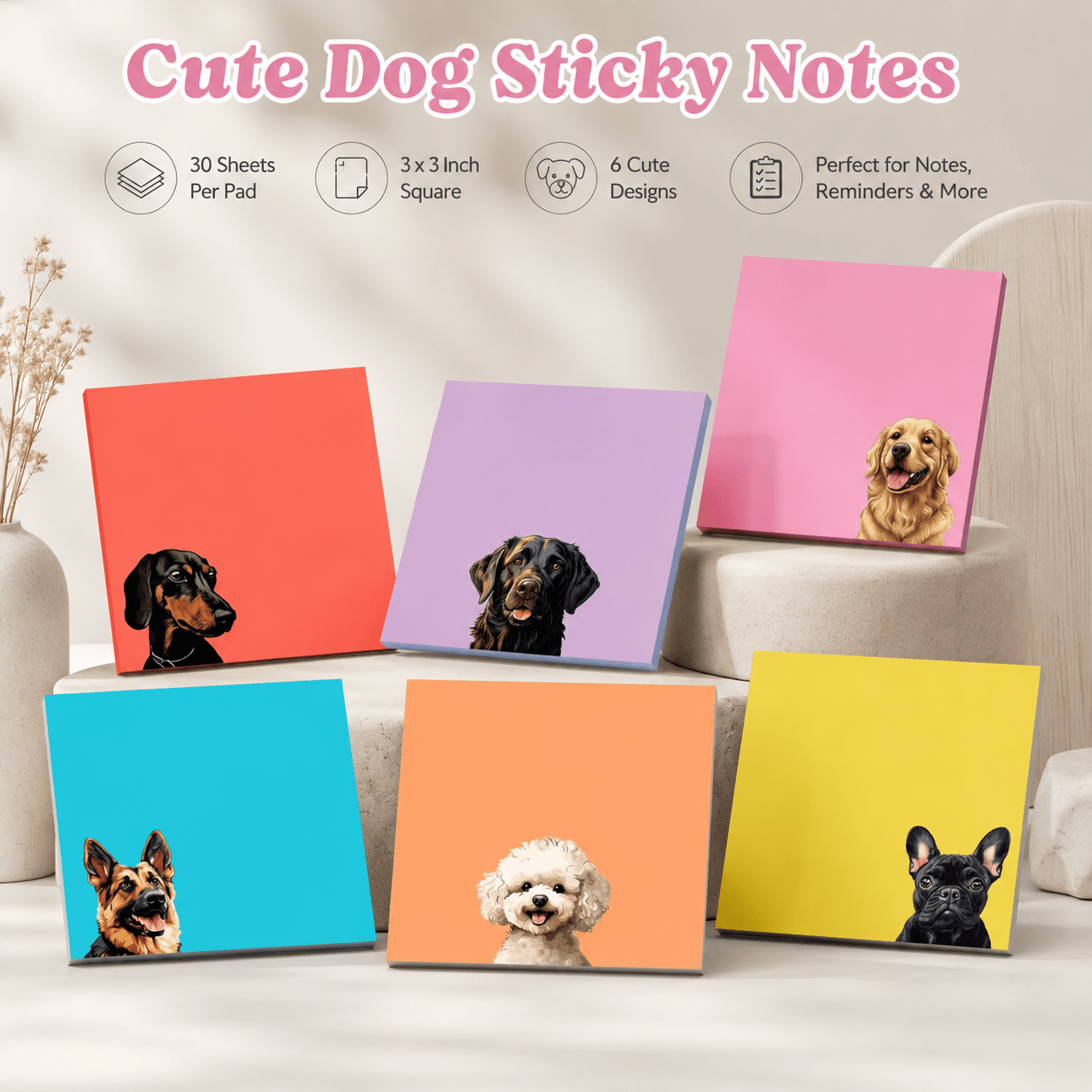 TEMU 6 Pads Cute Dog Sticky Notes Suitable For Dog Lover Gifts, Kawaii Self-stick Notepads With Adhesive Pages, 3"x3" Square Memo Pads For Office