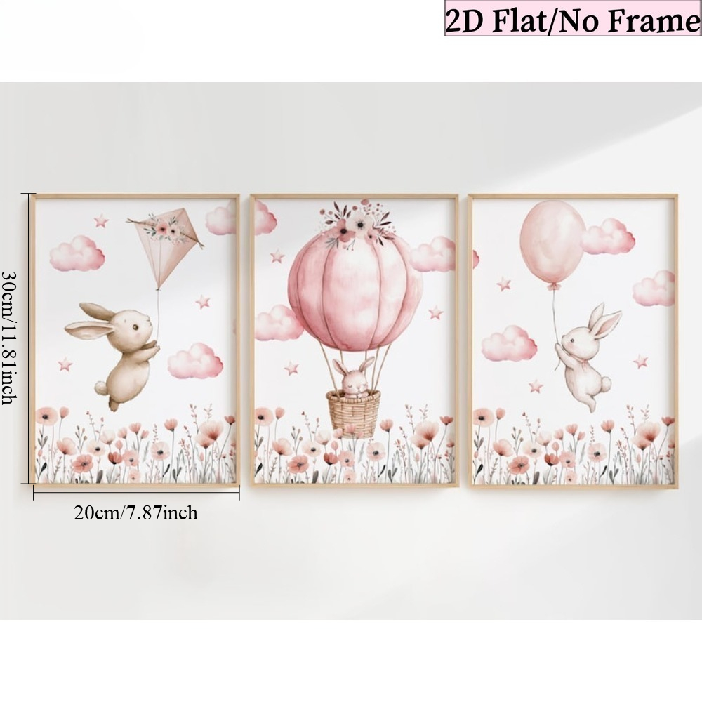 TEMU 2d Flat, 2d Flat Frameless 3pcs Rabbit And Pink Hot Air Balloon Kids' Room Wall Art - Modern Girl's Room Decor, Suitable For Children's Bedroom,