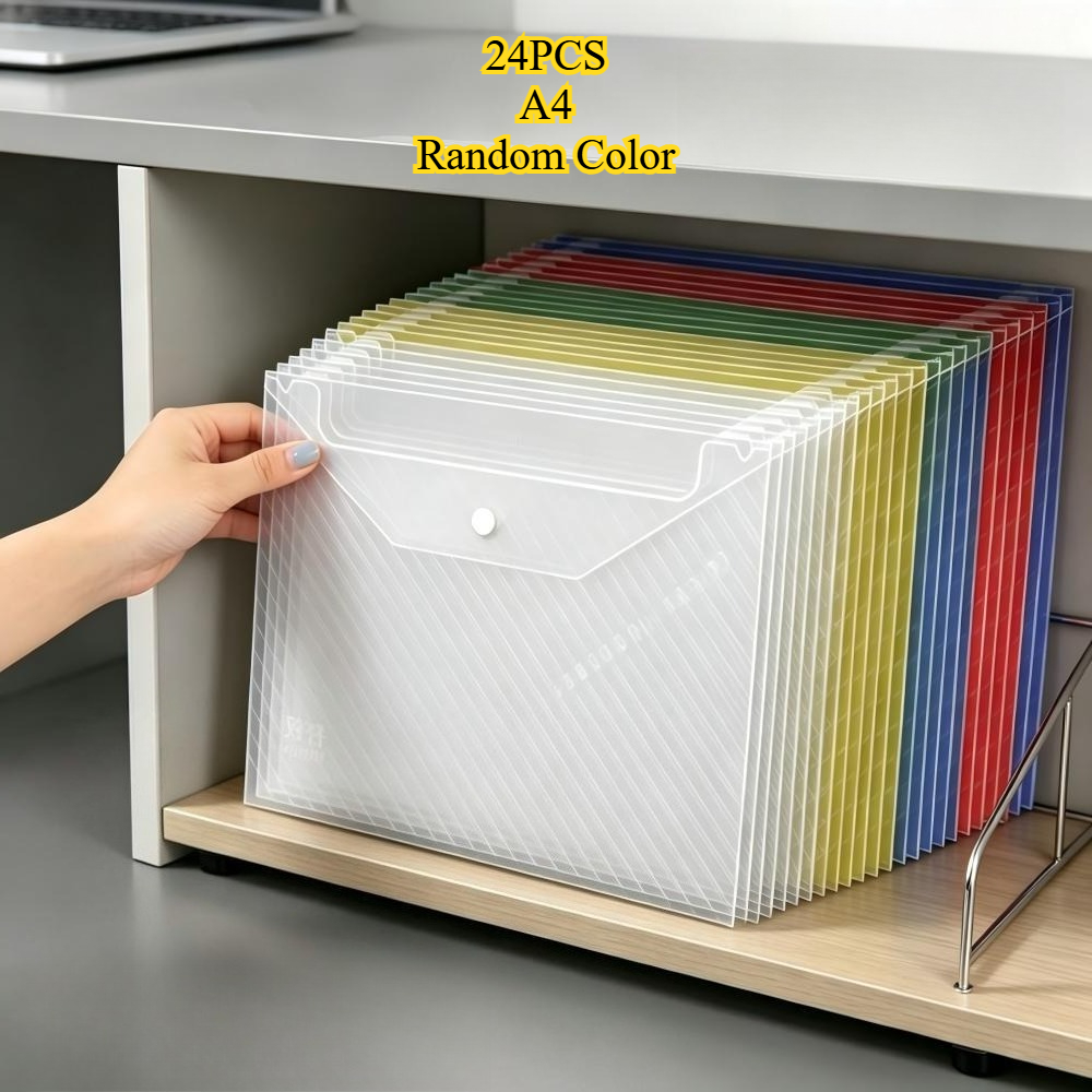 TEMU 24pcs Pochettes de documents A4 robustes à fermeture à bouton-pression, couleurs aléatoires, résistantes à l', réutilisables, légères, grande ,