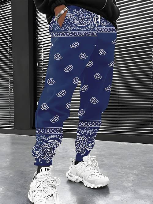 mens trendy casual long pants with a base and white patterned fabric featuring style artistic with a full print it easy to create a unique outfit the suitable for styles