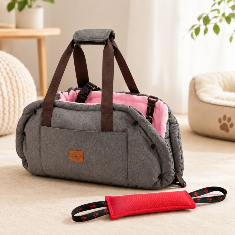 Image of 2-in-1 Foldable Pet Travel Bag And Soft Pet Bed Mat With Safety Belt Hook, Portable Breathable Durable Cushion For Outdoor Trip, Bonus Resistant Dog Chew Stick Toy
