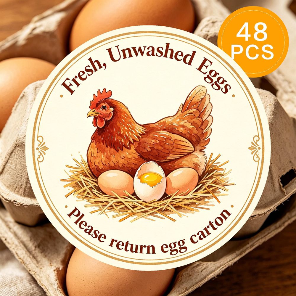 TEMU 48pcs Round Fresh Eggs Stickers, Nest Hen With Cracked Yolk Egg Design, Self-adhesive Tags For Egg Carton Labels, Farm Food Packaging, Gift