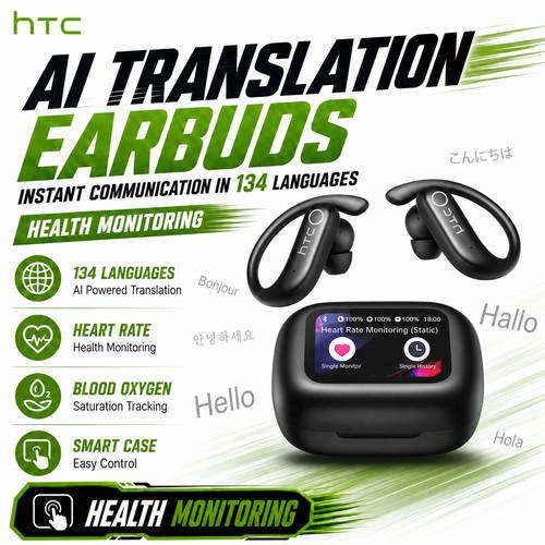 tc ne61 ai translation wireless headset 134 languages 8 free translation real time ai subtitles wireless 6 0 10m stable link 60h total 8h single anti drop earhook lcd rate spo2 hi fi sound