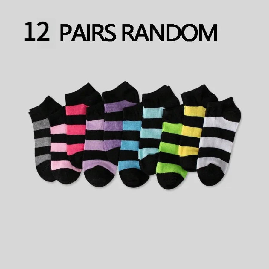 TEMU 12-pair Random Women's Ankle Socks, , Striped Style, Popular, Comfortable And Breathable Short Socks
