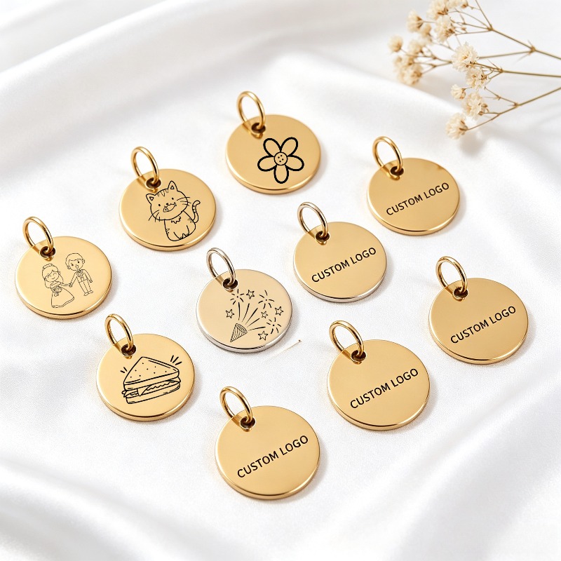 TEMU Personalized Custom Laser Engraved Text/logo Tags, 10mm Round Pendants, 2 Colors, Stainless Steel
