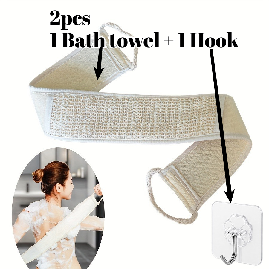 TEMU 2pcs -linen Exfoliating Bath Towel – Double-sided Back Scrubber For Cleansing, Quick-drying And , Includes 1 Bath Towel + 1 Hook