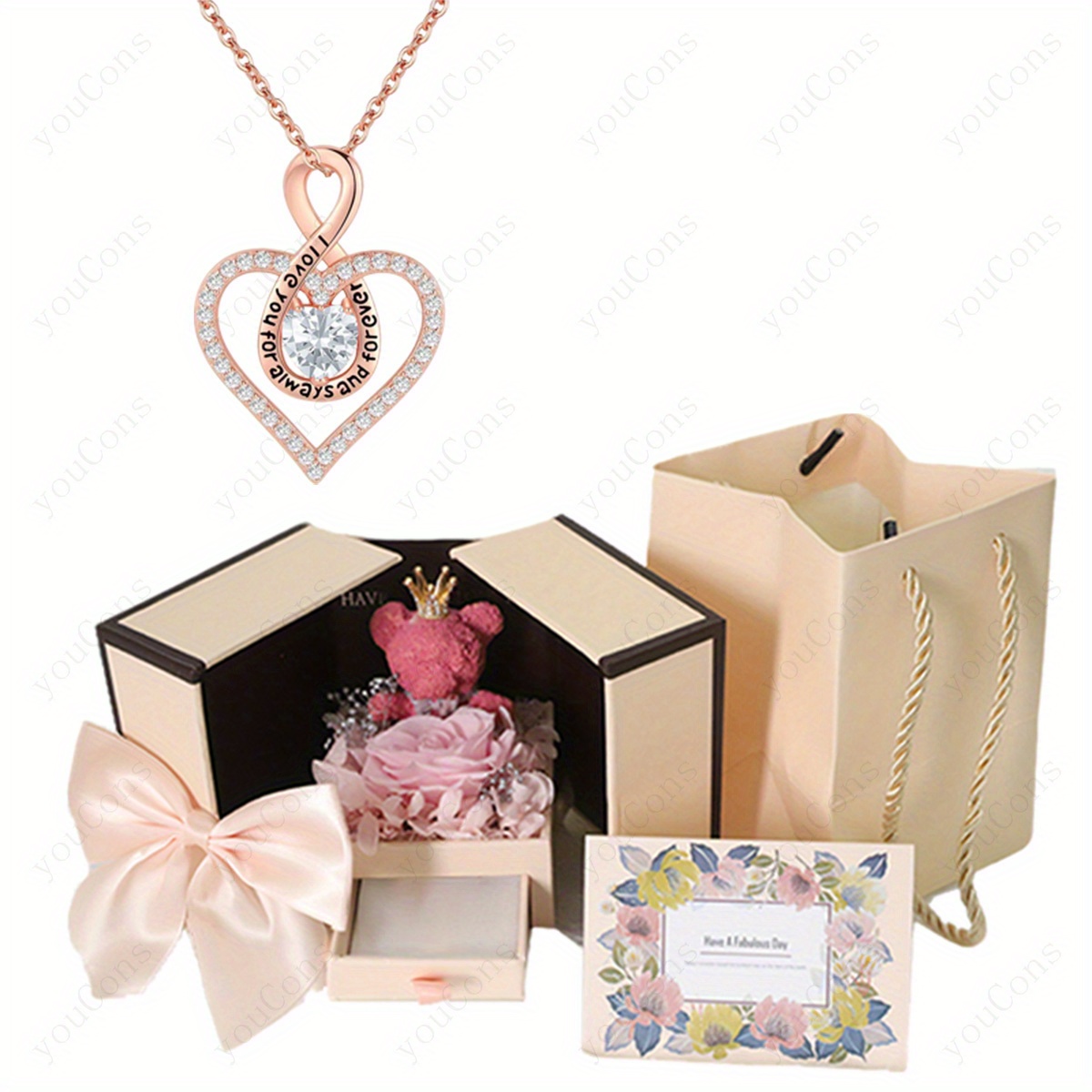 TEMU Boîte cadeau mignonne à double porte avec rose, et nœud, collier avec pendentif de cœur, accessoire élégant et polyvalent, cadeau pour maman,