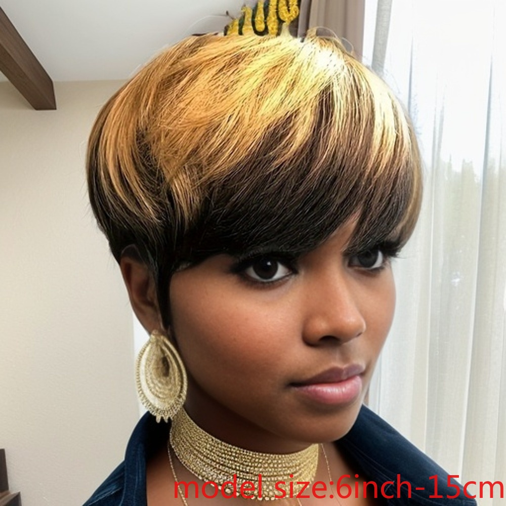 TEMU Elegant 6-inch Black Cut Wig For Women - Human Hair, 150% Density, Short Bob Style With Bangs, Straight Brazilian Hair, No Lace Front