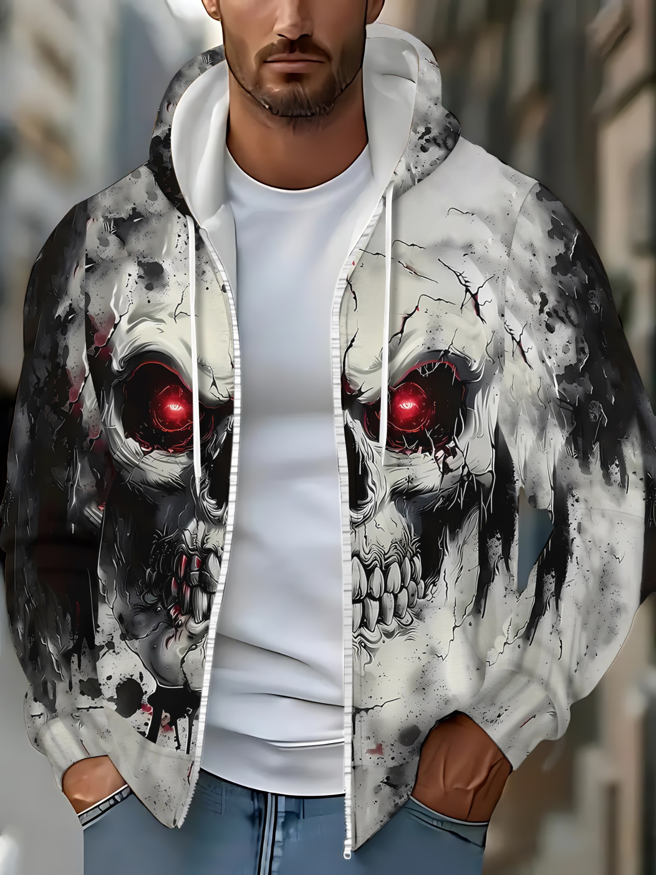 mens long sleeve zip hoodie featuring a skull design ideal - Temu