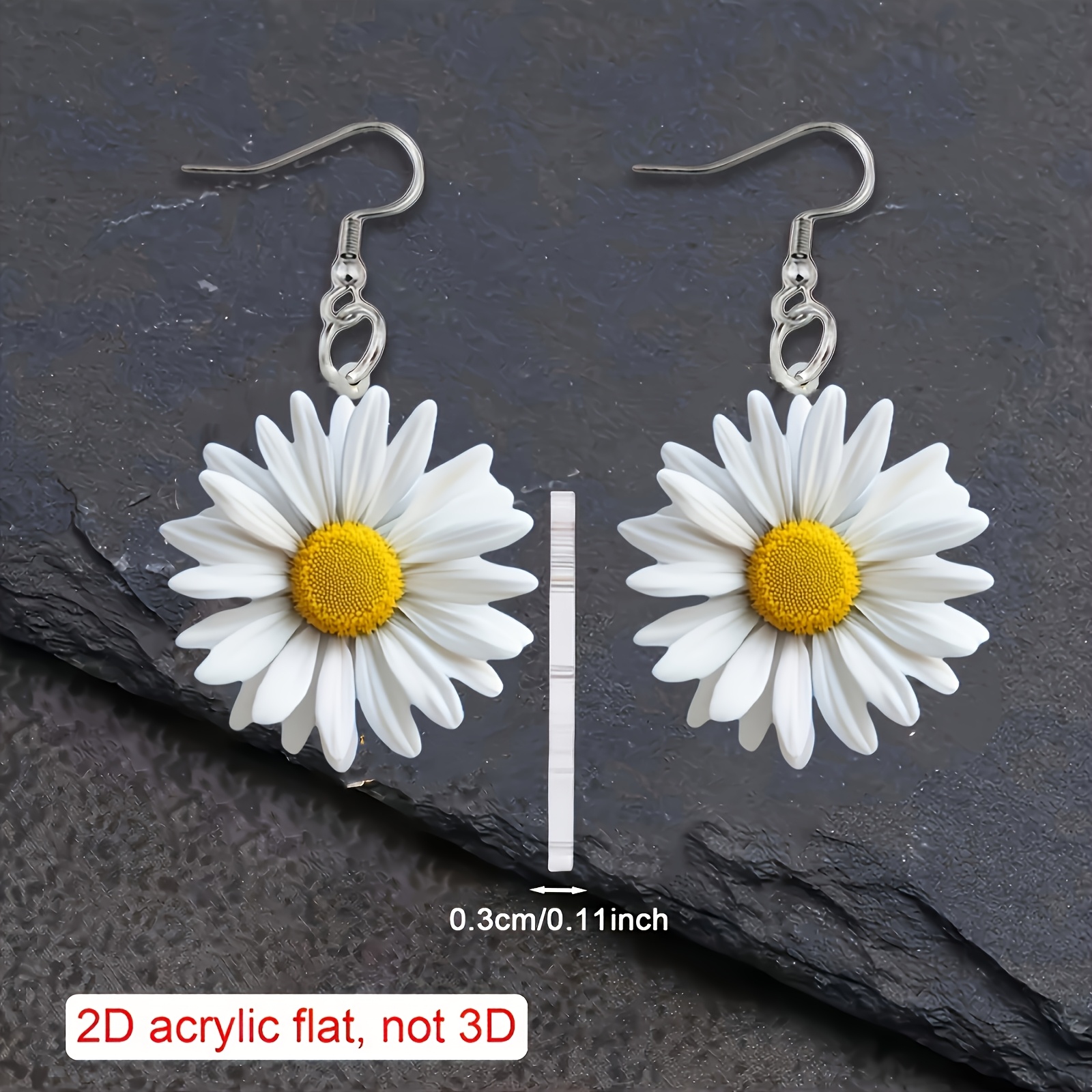 TEMU 2d Flat, 1 Pair Of Vintage Elegant White Daisy Acrylic Drop Earrings, 2d Layered , Lightweight For Daily Wear And Christmas Gifts, Suitable For