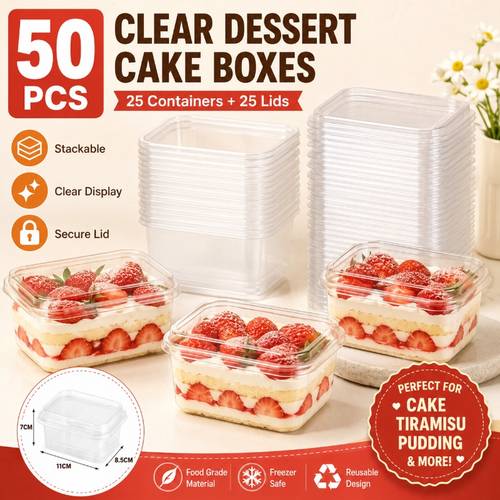 50pcs Clear Plastic Dessert Boxes with Lids - 25 Containers And 25 Lids, Stackable Cake Packaging Containers for Tiramisu, Pudding, Mousse, Fruit, Bakery, Party, Takeaway And , Dessert Decorating Kit
