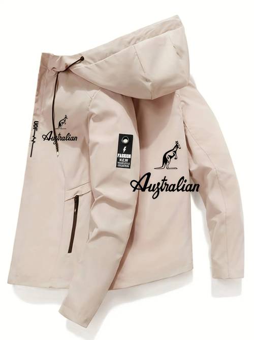 Men S Australian Letter Print Lightweight Polyester Softshell Jacket - Regular Fit, Zip-Front Casual Outdoor Spring/Autumn Coat, Machine Washable And Durable