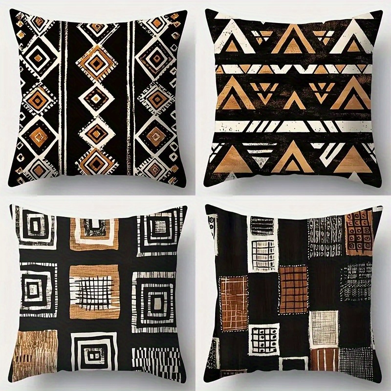 TEMU 4pcs, New Retro Fashion African Tribal Print And Geometric Pattern Pillowcase, Cushion Cover, Waist Support Cover, 3 Styles Available, Soft