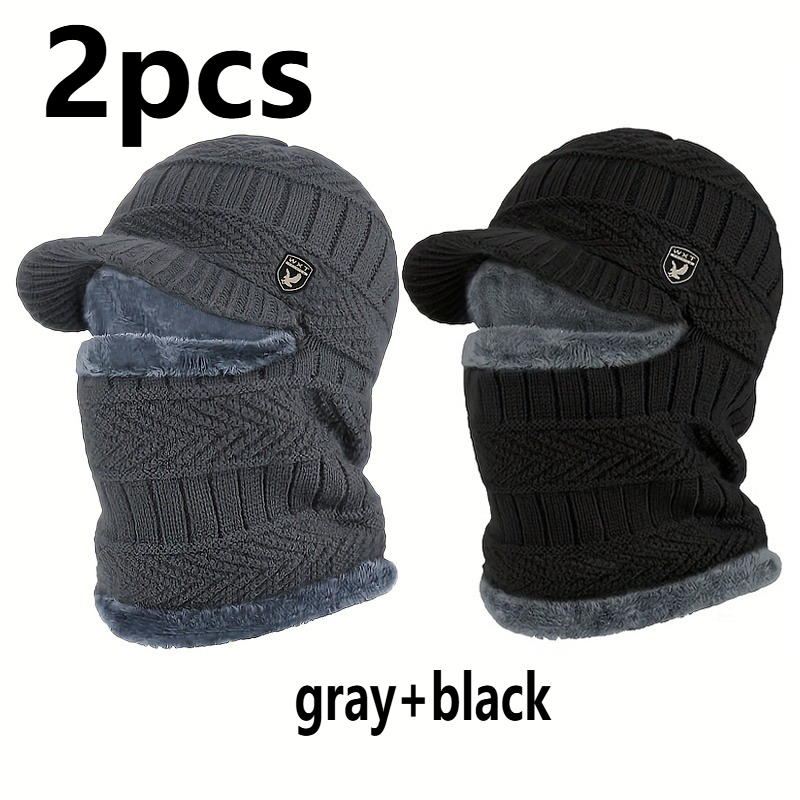 TEMU 2pcs Men's Winter Beanie Set - Ear Neck Warmer Integrated Thermal Knit Hat