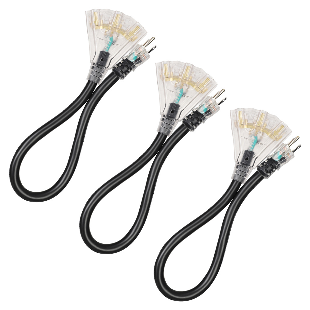 TEMU Liteonix Heavy Duty 24 Inch 12/3 Sjtw Extension Cord, Led Lighted Plug 3-way Power Splitter, 15 Amp Yellow Indoor Cable, 3 Pack