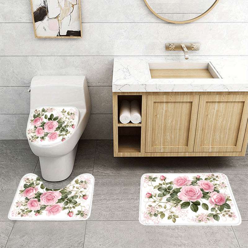 TEMU 3pcs Pink Rose Floral Flannel Non-slip Absorbent Washable Decorative Bathroom Home Toilet Mat Rug Set