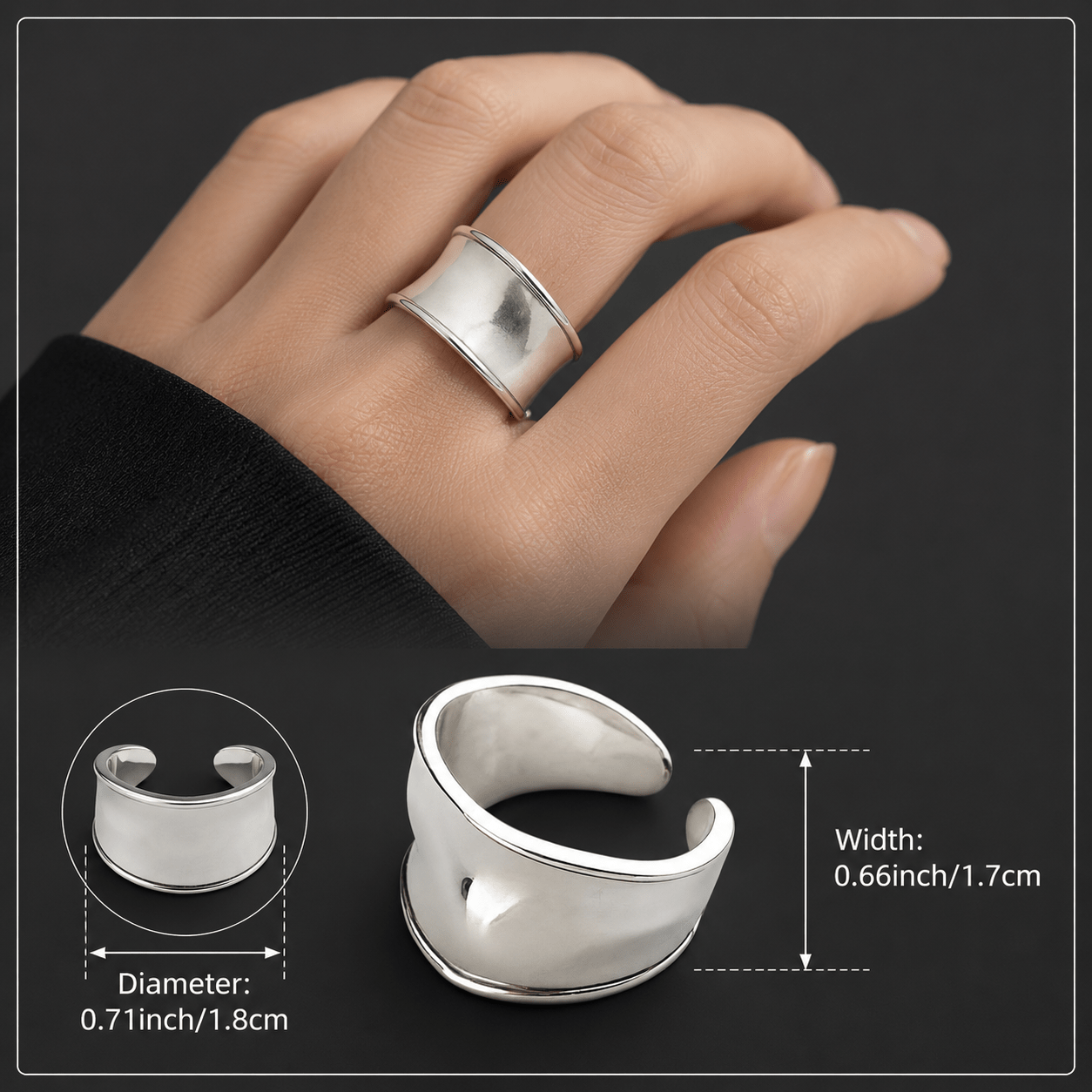 S925 Silver Wide Flat Adjustable Open Ring — Everyday Wear