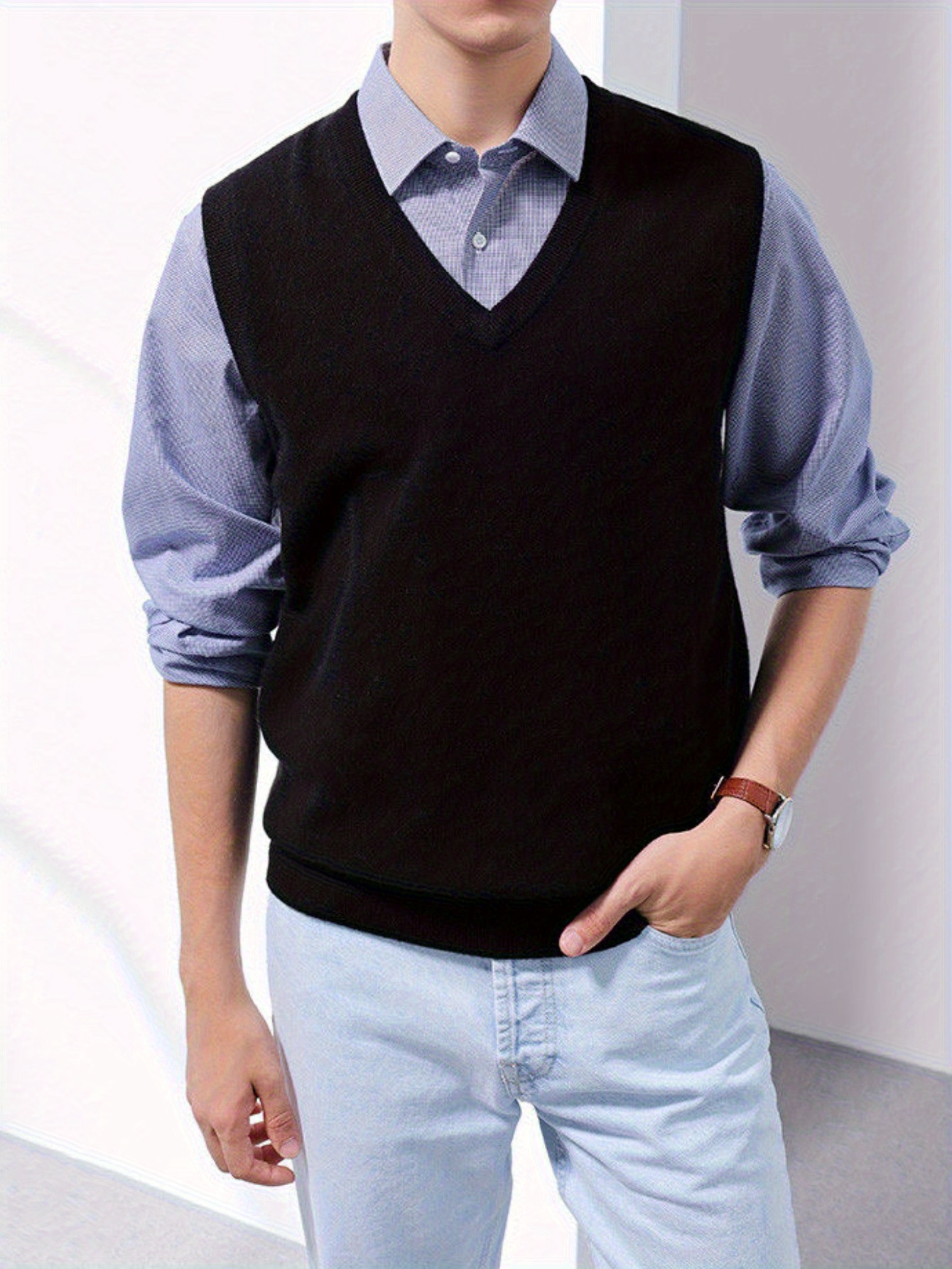 men's black v neck knit sleeveless cardigan casual stretchy Temu