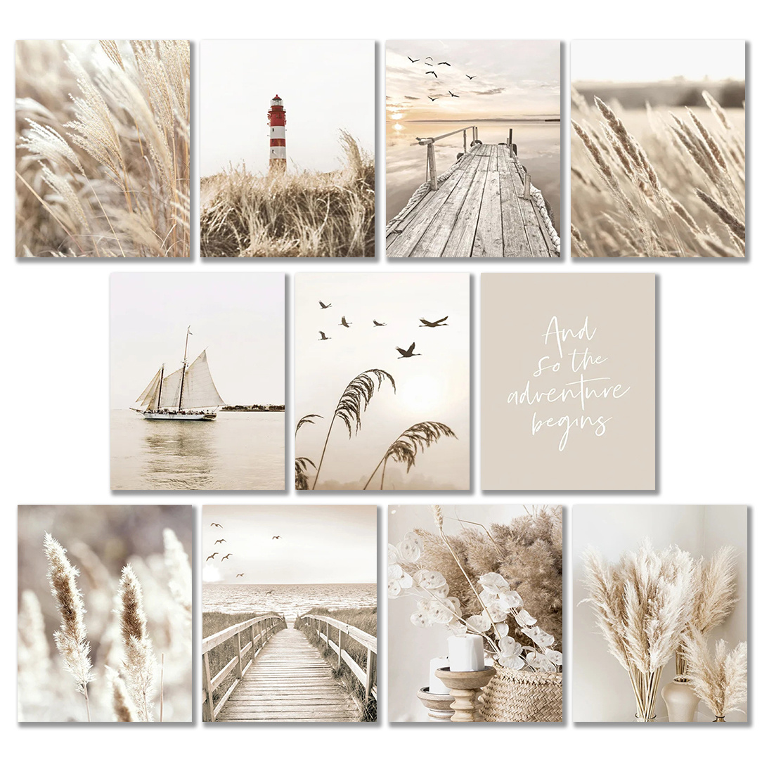 E-shop 11-teiliges Rahmenloses Wanddekor Modernes Beige Pflanzen, Blumen, Gräser, Trockenes Gras, Herbstlandschaft, Kai Gemälde Poster Klassenzimmer