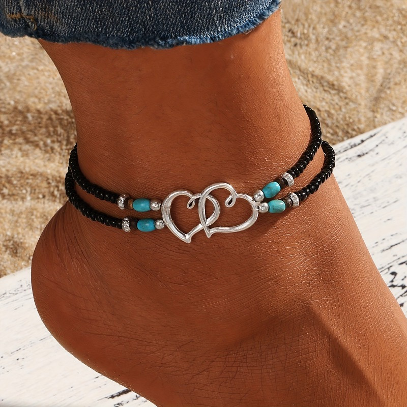 4pcs Boho Chic Beaded Anklet Set, Multicolor Heart Design