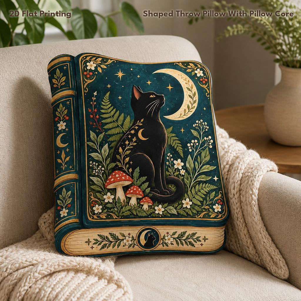 TEMU Book Black Cat Moon Mushroom Botanical Celestial Gothic Magic, 2d Flat Printing Shaped Stuffed Throw Pillow Decorative Cushion Pillow For Gift