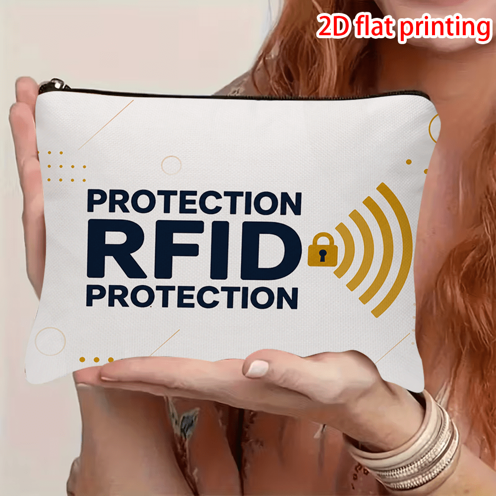 TEMU 1pc Rfid Blocking Lockable Cosmetic Bag Suitable For Women, White Portable Travel Toiletry Organizer With Lockable Zipper & Signal Graphic,