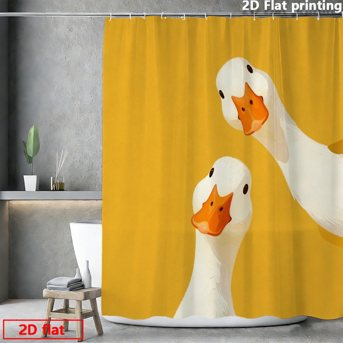 TEMU 2d Flat, 2d Flat Printing Shower Curtain, 1pc, Printing Shower Curtain With 2 Cute White Ducks On Yellow Background Suitable For Multiple Scenes