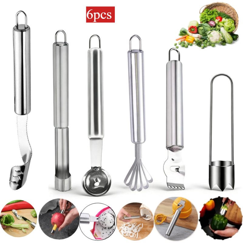 TEMU 6pcs Kitchen Tool Set, Stainless Steel Corer, Fruit And Vegetable Corer, Chili Core Removal, Watermelon Spoon, , Melon Ball, Coconut Planer,