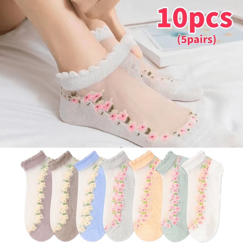 E-shop 10 Stück/5 Stück Damen Strick Socken mit Aufdruck - Atmungsaktiv, Bequem, Leicht und Transparentes Mid-Knee Design mit süßen Katzen