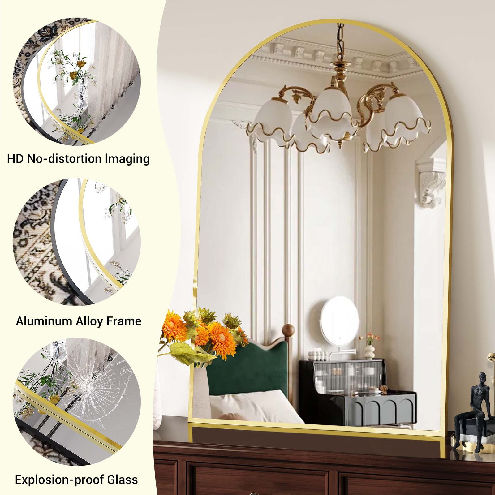 Wall-mounted Bathroom Mirror Set With Durable Aluminum Frame And 5mm Thick Arched Splicing Lens, Ideal For Bathroom Use