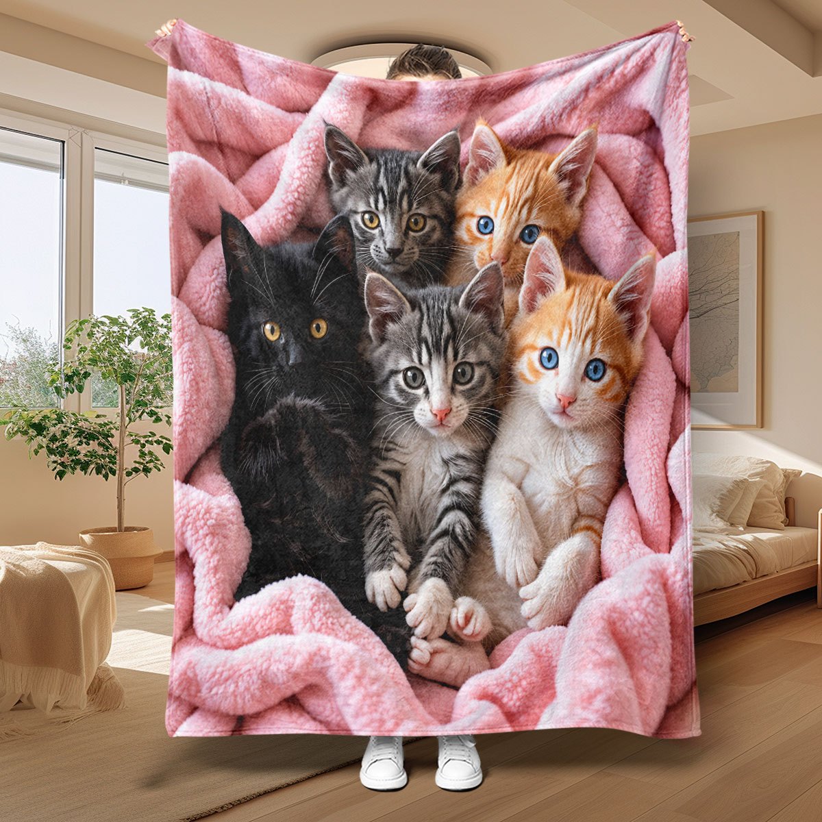 item picture 1pc pink fluffy background with multiple adorable cute cats flannel blanket 2d flat print soft and warm nap blanket sofa blanket multi purpose decorative blanket for home office and travel gift blanket for couples families and pets