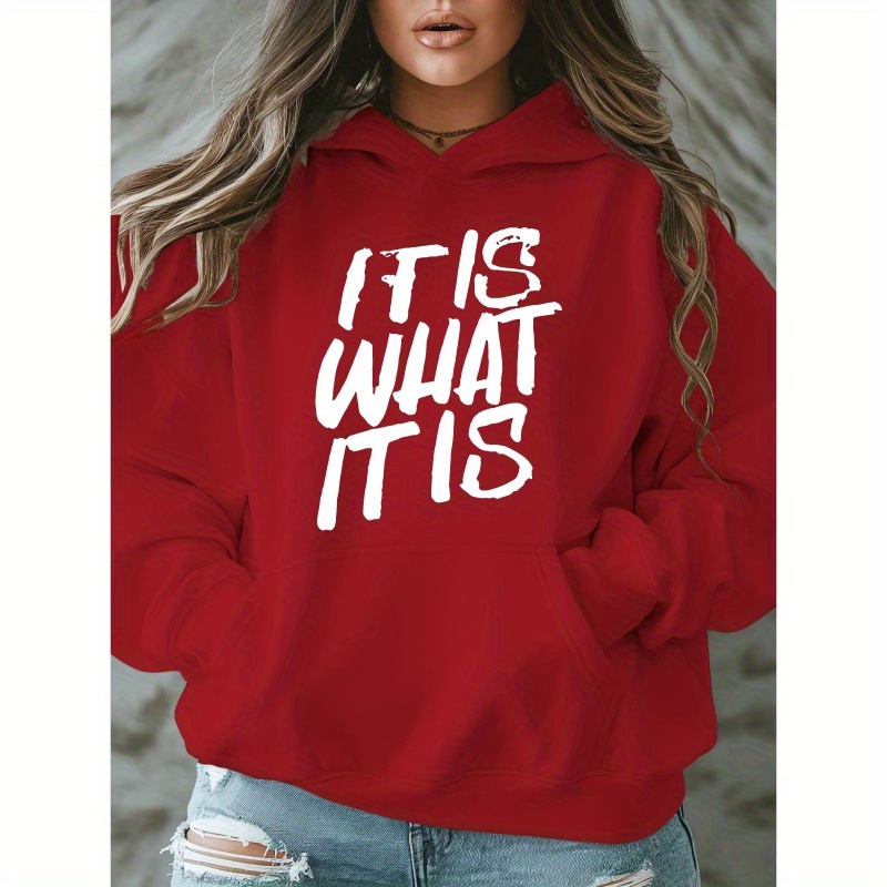 

Women's Plus Size Casual Hoodie With Pockets, " What " Print, Polyester 100% Knit Fabric, Stretch, Oversized Pullover For Fall/winter, Alphabet Pattern, 250g/m² Weight