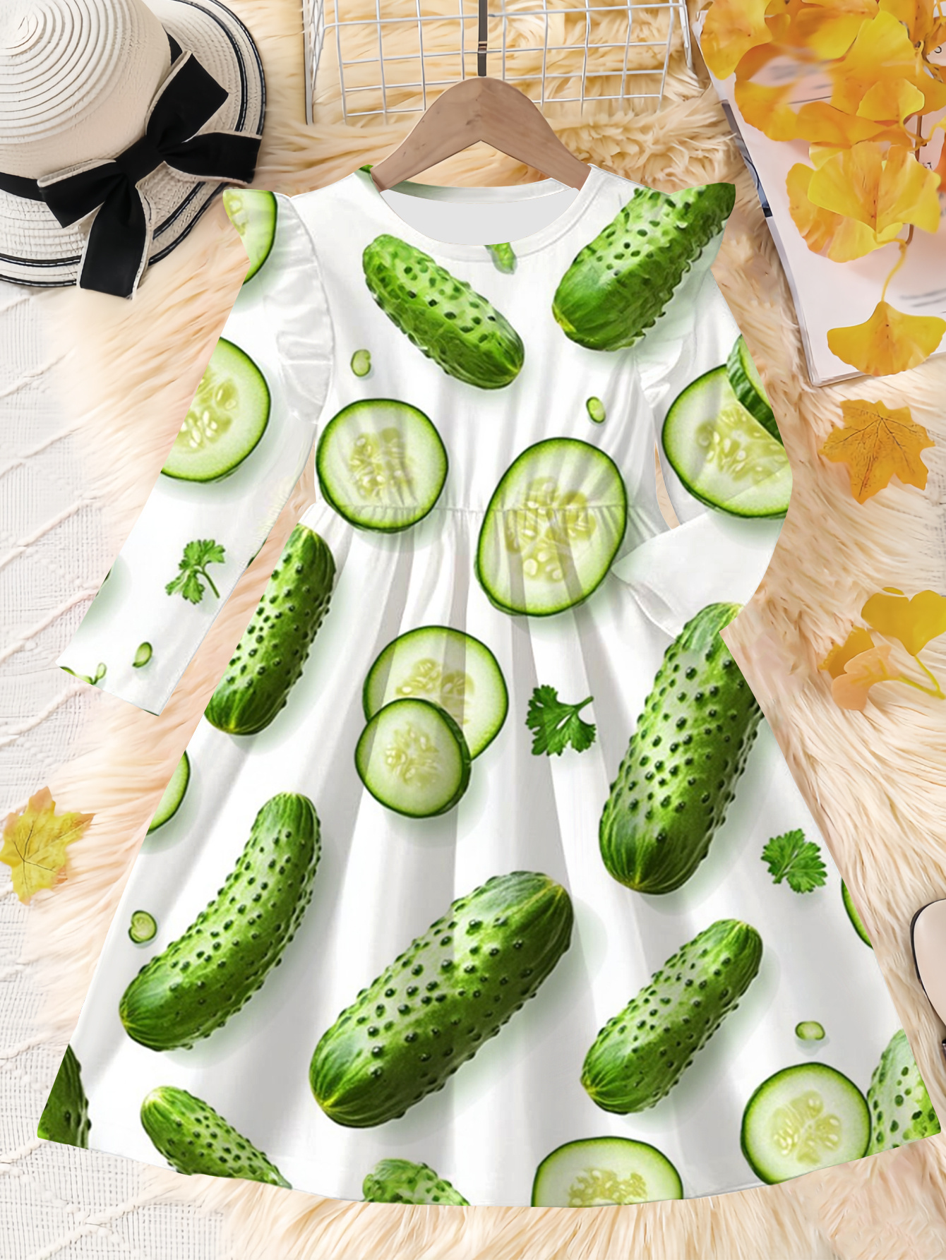 cute cucumber dresses random print full print fashion unique spring autumn new